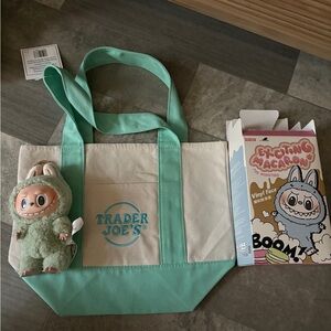 Trader Joe’s mini canvas tote bag in Green and Labubu Macarons Green Grapes